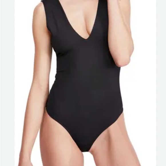 Free People Woman’s Keep It Sleek Bodysuit size XS solid Black Deep V NWOT - Picture 1 of 9